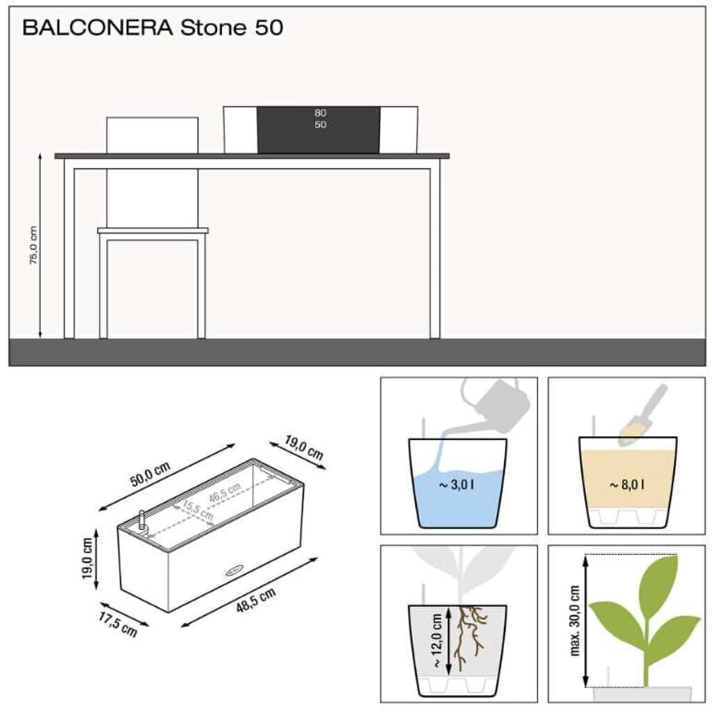 LECHUZA Lovelis BALCONERA Stone 50 ALL-IN-ONE, juodos spalvos kaina ir informacija | Loveliai | pigu.lt