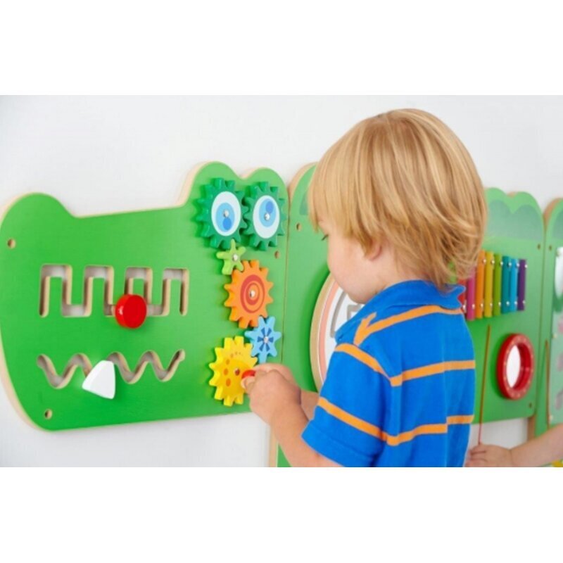 Daugiafunkcinis medinis pakabinamas sieninis žaidimas – Krokodilas цена и информация | Žaislai kūdikiams | pigu.lt