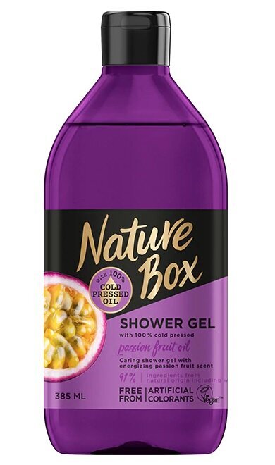 Dušo gelis su pasiflorų aliejumi NATURE BOX Passion Fruit Oil 385 ml kaina ir informacija | Dušo želė, aliejai | pigu.lt