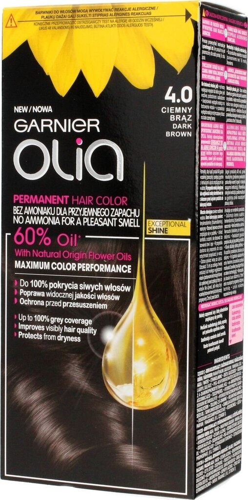 Aliejaus pagrindo ilgalaikiai plaukų dažai be amoniako Garnier Olia 4.0 Dark Brown kaina ir informacija | Plaukų dažai | pigu.lt