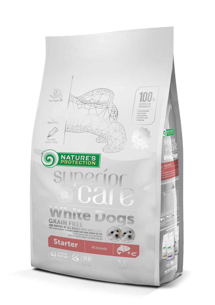 Nature's Protection Superior Care White Dogs Grain Free Salmon Starter All Breeds visų veislių junkomų baltakailių šuniukų pašaras, 1.5 kg kaina ir informacija | Sausas maistas šunims | pigu.lt