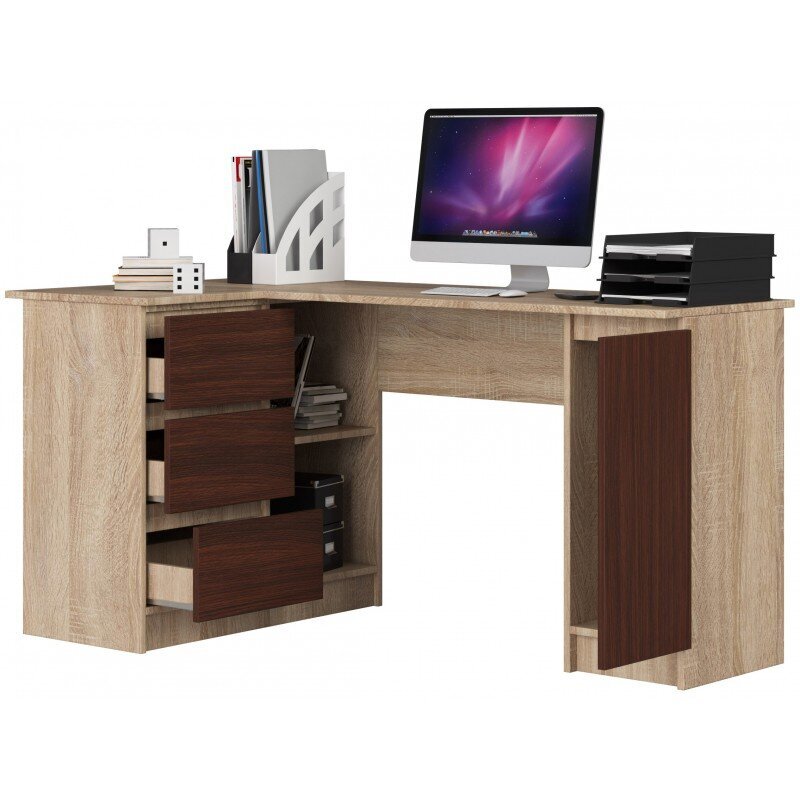 Rašomasis stalas NORE B20, kairinis, ąžuolo spalvos/tamsiai rudas kaina ir informacija | Kompiuteriniai, rašomieji stalai | pigu.lt