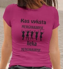 Moteriški marškinėliai „Kas vyksta mergvakaryje, lieka mergvakaryje“, rožiniai цена и информация | Оригинальные футболки | pigu.lt