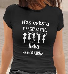 Moteriški marškinėliai „Kas vyksta mergvakaryje, lieka mergvakaryje“, juodi цена и информация | Оригинальные футболки | pigu.lt