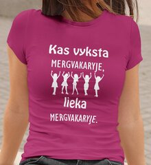 Moteriški marškinėliai „Kas vyksta mergvakaryje, lieka mergvakaryje“, rožiniai kaina ir informacija | Originalūs marškinėliai | pigu.lt