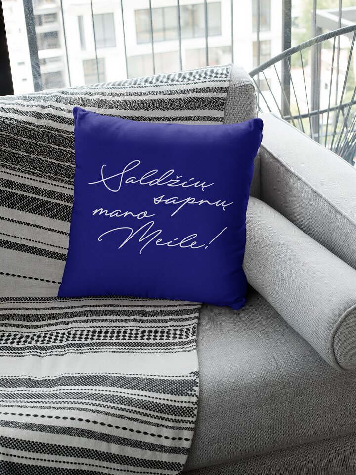 Dekoratyvinė pagalvė „Saldžių sapnų, mano meile“, mėlyna kaina ir informacija | Originalios pagalvės, užvalkalai | pigu.lt