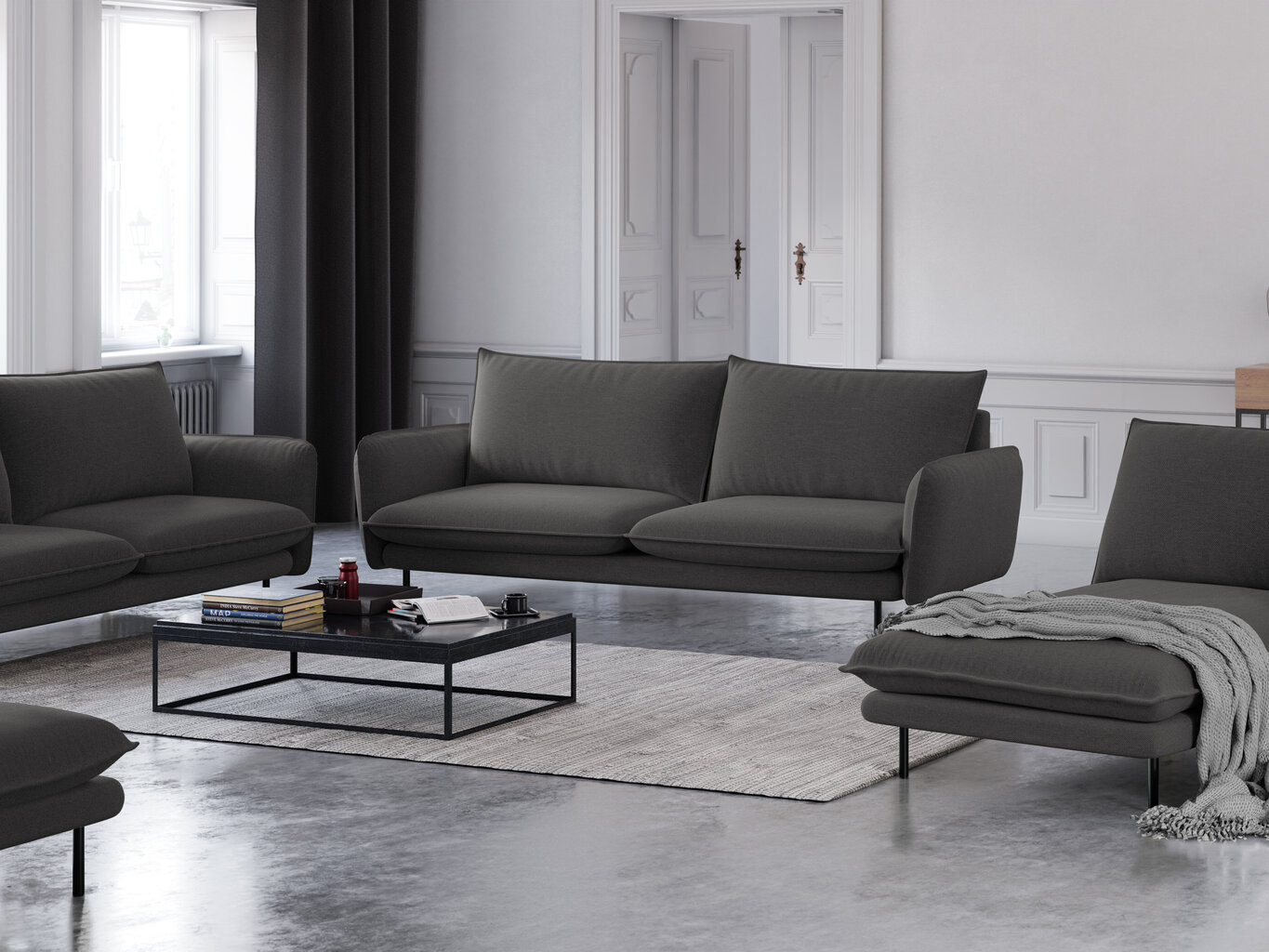 Sofa Cosmopolitan Design Vienna 3S, tamsiai pilkas gobelenas kaina ir informacija | Sofos | pigu.lt