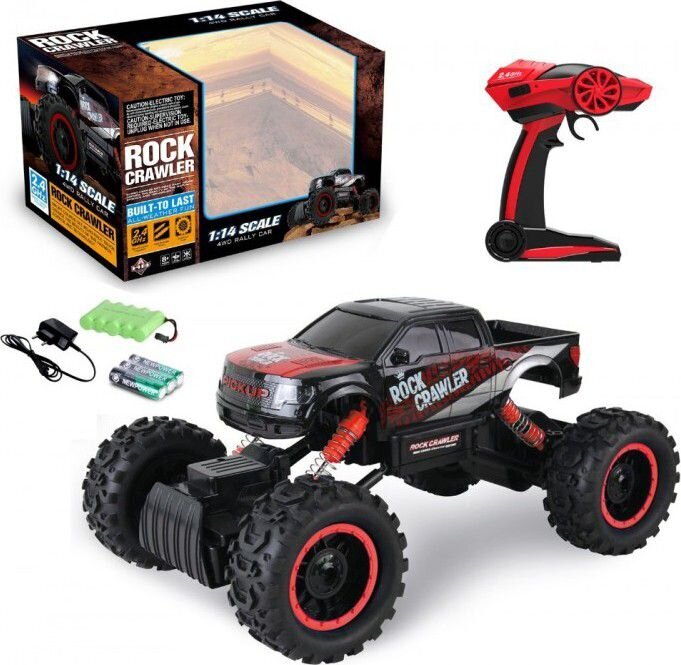 Nuotoliniu būdu valdomas visureigis Rock Crawler 4WD 1:14, juoda, raudona kaina ir informacija | Žaislai berniukams | pigu.lt