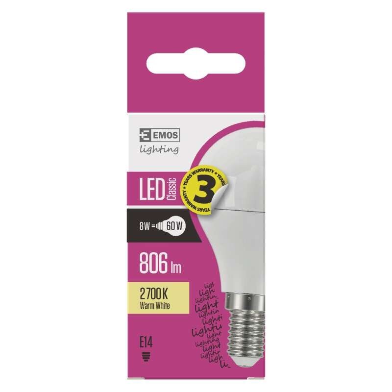 LED lemputė EMOS Mini Globe 8W E14 WW kaina ir informacija | Elektros lemputės | pigu.lt