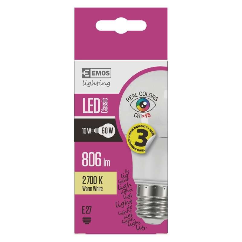LED lemputė EMOS A60 10W E27 WW Ra95 kaina ir informacija | Elektros lemputės | pigu.lt