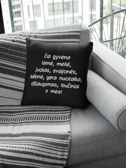 Dekoratyvinė pagalvė „Čia gyvena laimė, meilė..“, juoda kaina ir informacija | Originalios pagalvės, užvalkalai | pigu.lt