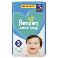 Подгузники PAMPERS Active Baby-Dry, размер 3, 6-10 кг, 66 шт. цена и информация | Подгузники | pigu.lt