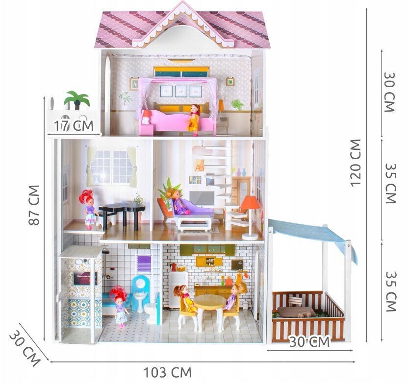 Stilingas medinis didelis lėlių namas su baldais Vila 9152 kaina ir informacija | Žaislai mergaitėms | pigu.lt