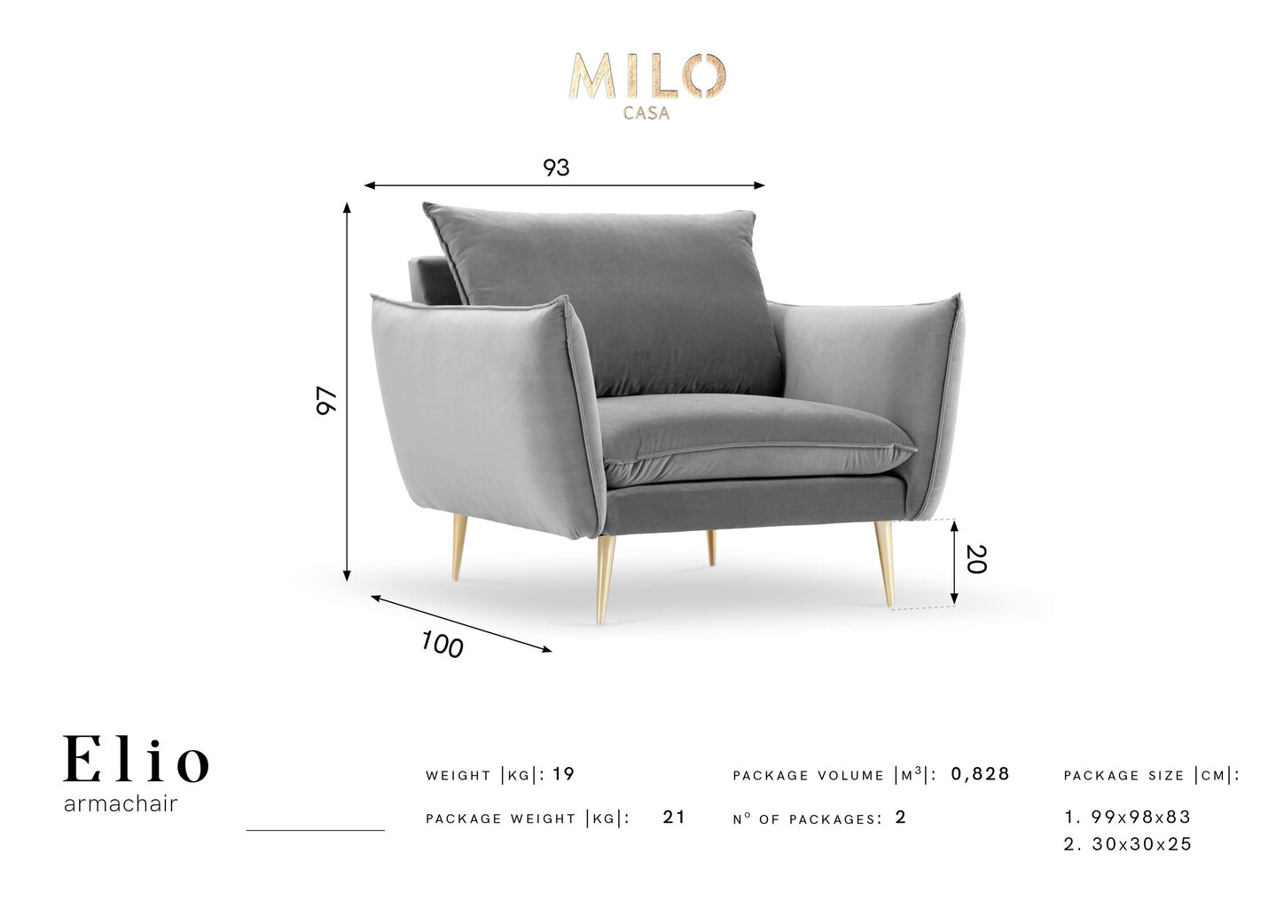 Fotelis Milo Casa Elio, pilkas kaina ir informacija | Svetainės foteliai | pigu.lt