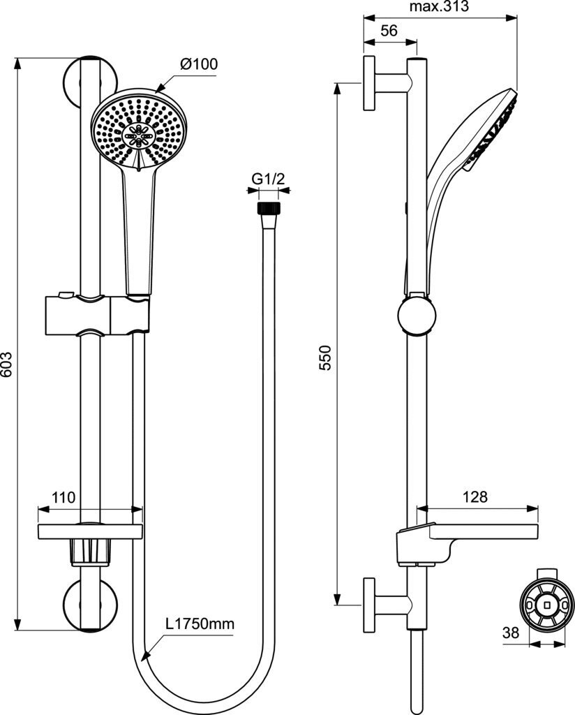 Dušo komplektas Ideal Standard IdealRain, 600 mm dušo stovas, 3 funkcijų 100mm dušo galvutė, 1750 mm dušo žarna, muilinė. B9415AA kaina ir informacija | Dušo komplektai ir panelės | pigu.lt