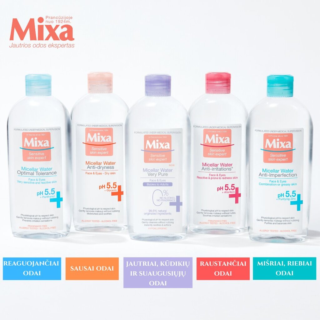 Micelinis vanduo Mixa Very Pure 400 ml kaina ir informacija | Veido prausikliai, valikliai | pigu.lt