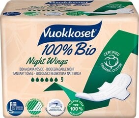 Гигиенические прокладки Vuokkoset Night Wings 100% БИО, 9 шт. цена и информация | Тампоны, гигиенические прокладки для критических дней, ежедневные прокладки | pigu.lt
