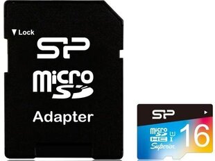 Карта памяти Silicon Power microSDHC, 16 Гб, Superior UHS-I U1 + адаптер цена и информация | Карты памяти для фотоаппаратов, камер | pigu.lt