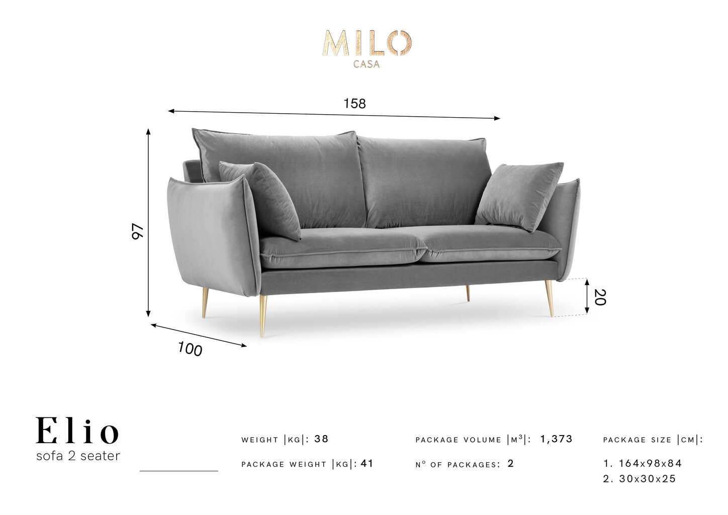 Dvivietė aksominė sofa Milo Casa Elio, šviesiai pilka/auksinės spalvos kaina ir informacija | Sofos | pigu.lt