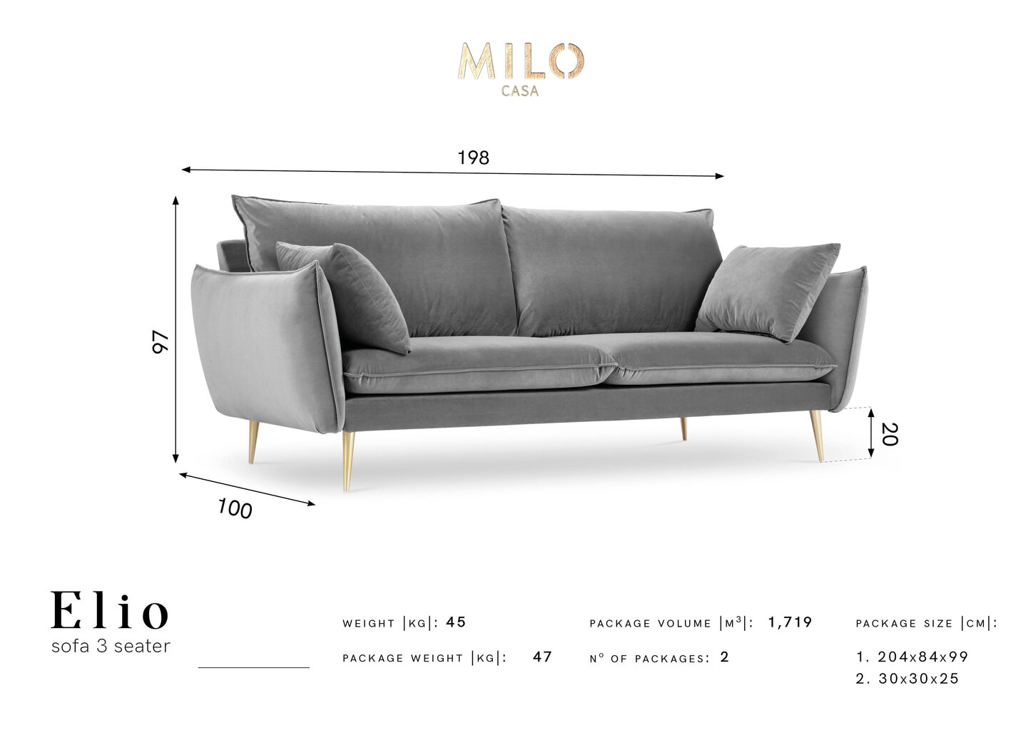 Trivietė aksominė sofa Milo Casa Elio, šviesiai pilka/auksinės spalvos kaina ir informacija | Sofos | pigu.lt