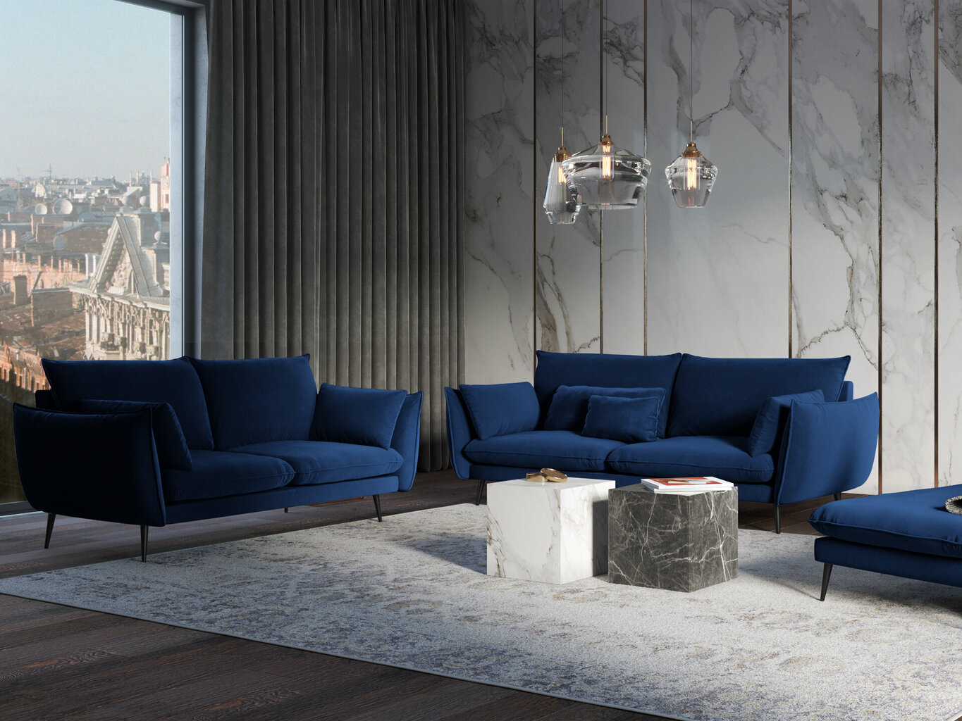 Trivietė aksominė sofa Milo Casa Elio, mėlyna/juoda цена и информация | Sofos | pigu.lt
