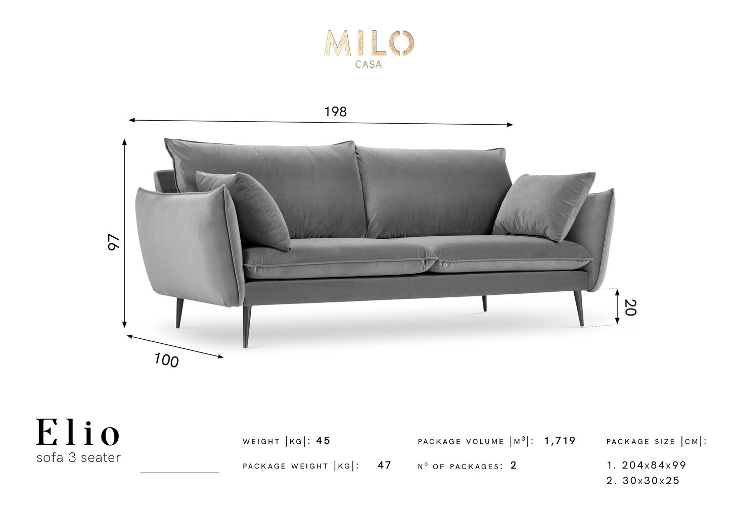 Trivietė aksominė sofa Milo Casa Elio, mėlyna/juoda kaina ir informacija | Sofos | pigu.lt