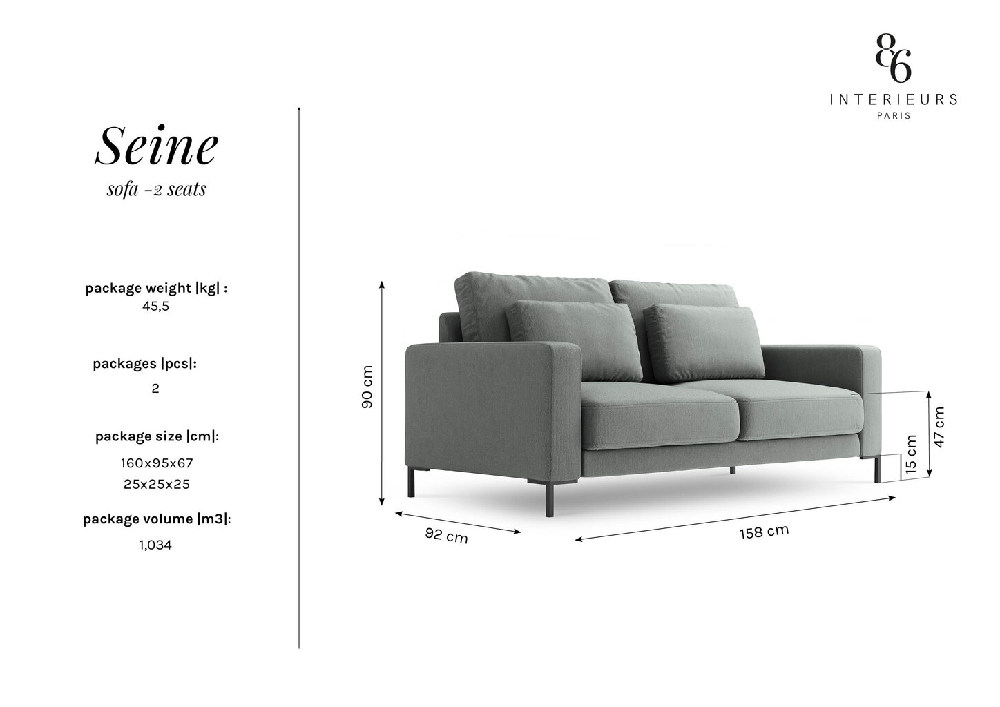 Dvivietė sofa Interieurs86 Seine, pilka kaina ir informacija | Sofos | pigu.lt