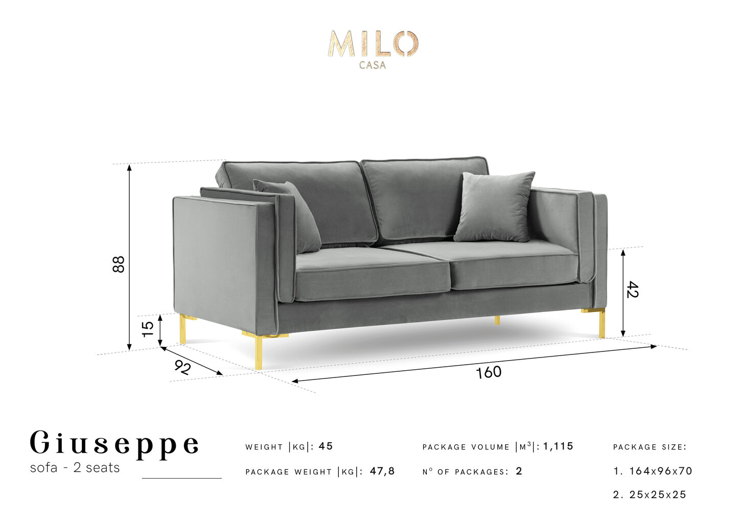 Dvivietė aksominė sofa Milo Casa Giuseppe, juoda kaina ir informacija | Sofos | pigu.lt