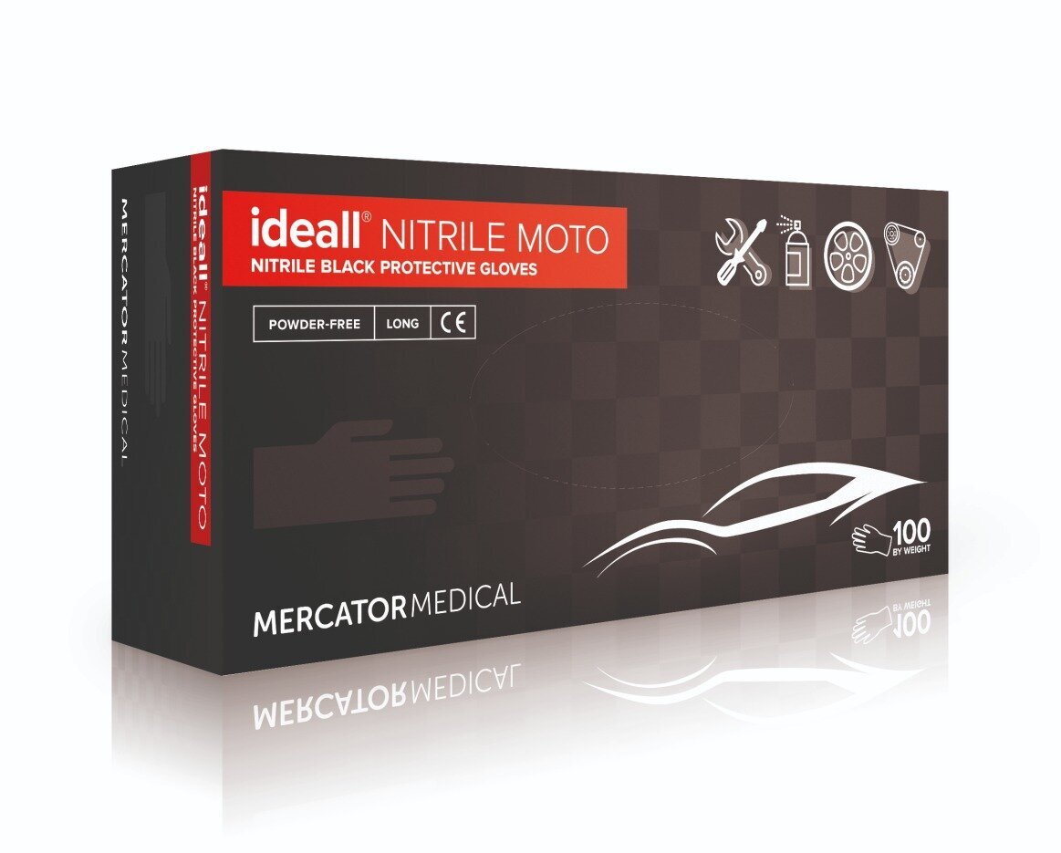 Vienkartinės nitrilinės pirštinės Mercator Medical Ideall Moto, juodos kaina ir informacija | Darbo pirštinės | pigu.lt