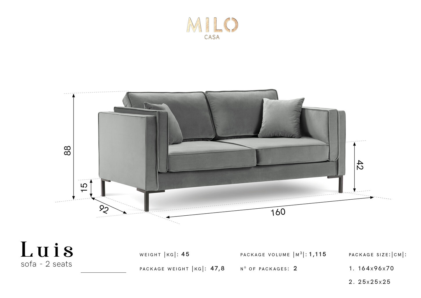 Dvivietė aksominė sofa Milo Casa Luis, tamsiai mėlyna kaina ir informacija | Sofos | pigu.lt