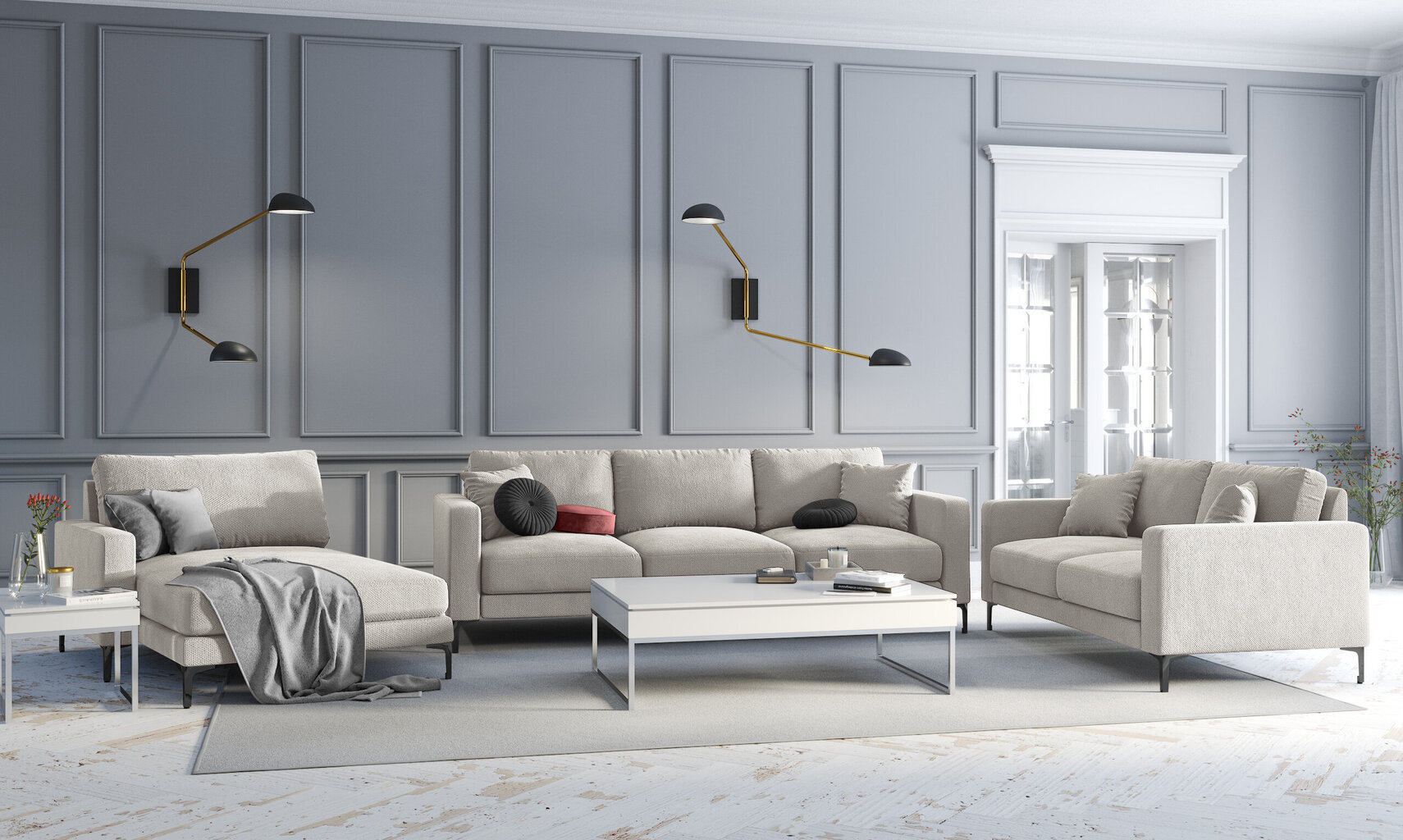 Trivietė sofa Kooko Home Poeme, šviesios smėlio spalvos/juoda kaina ir informacija | Sofos | pigu.lt