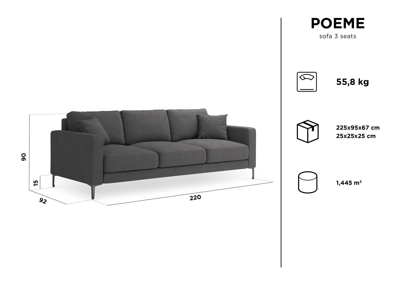 Trivietė sofa Kooko Home Poeme, smėlio spalvos/juoda kaina ir informacija | Sofos | pigu.lt