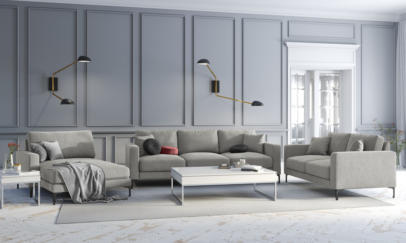 Trivietė sofa Kooko Home Poeme, šviesiai pilka/juoda kaina ir informacija | Sofos | pigu.lt