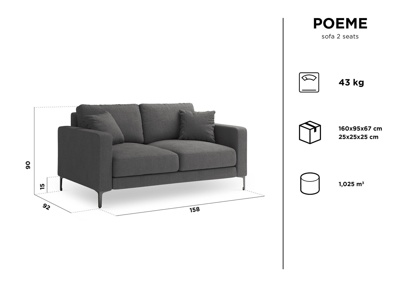 Dvivietė sofa Kooko Home Poeme, šviesios smėlio spalvos/juoda kaina ir informacija | Sofos | pigu.lt