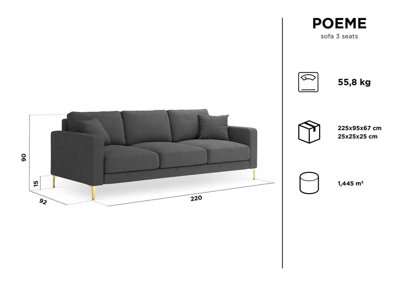 Trivietė sofa Kooko Home Poeme, šviesios smėlio spalvos/auksinės spalvos kaina ir informacija | Sofos | pigu.lt