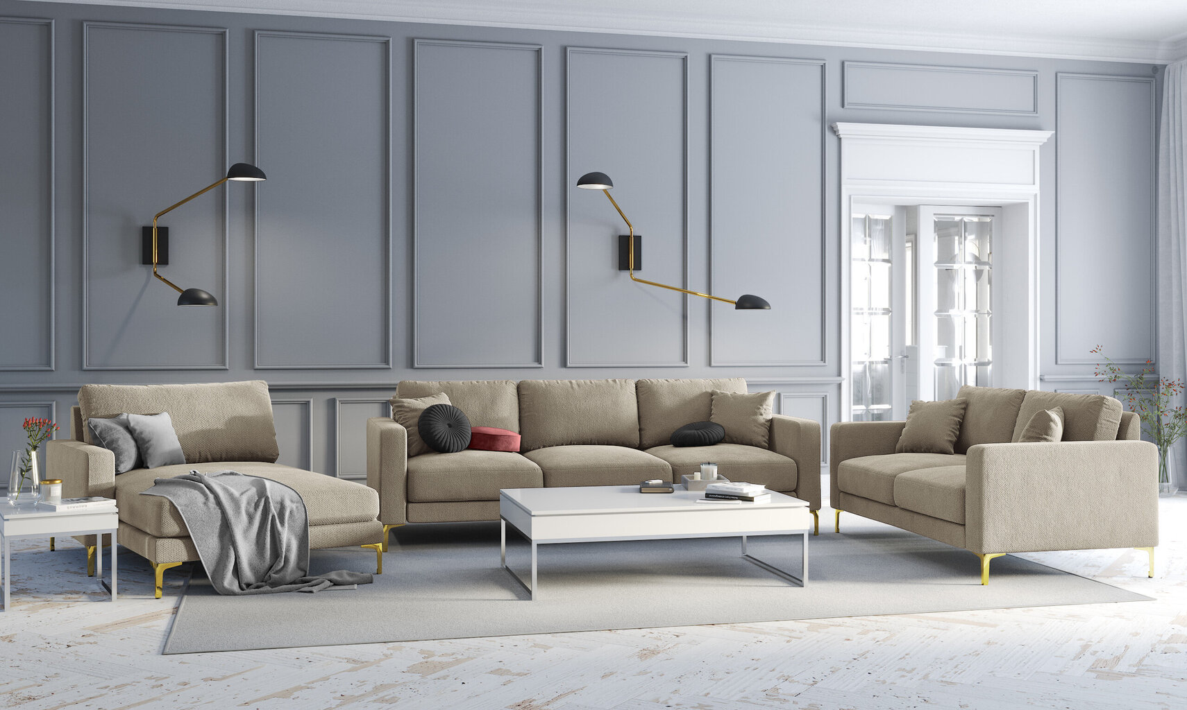 Trivietė sofa Kooko Home Poeme, smėlio spalvos/auksinės spalvos kaina ir informacija | Sofos | pigu.lt