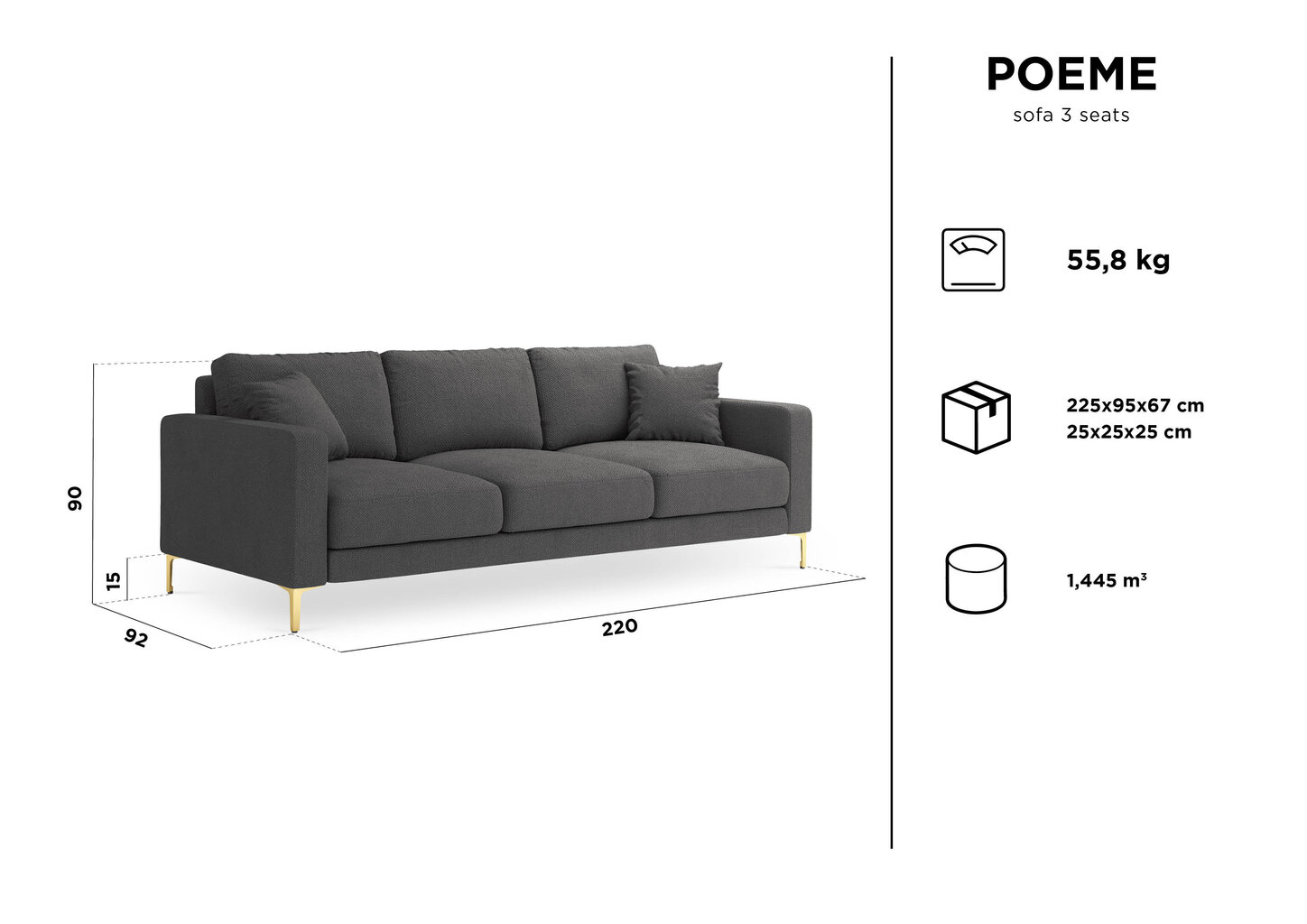 Trivietė sofa Kooko Home Poeme, smėlio spalvos/auksinės spalvos kaina ir informacija | Sofos | pigu.lt