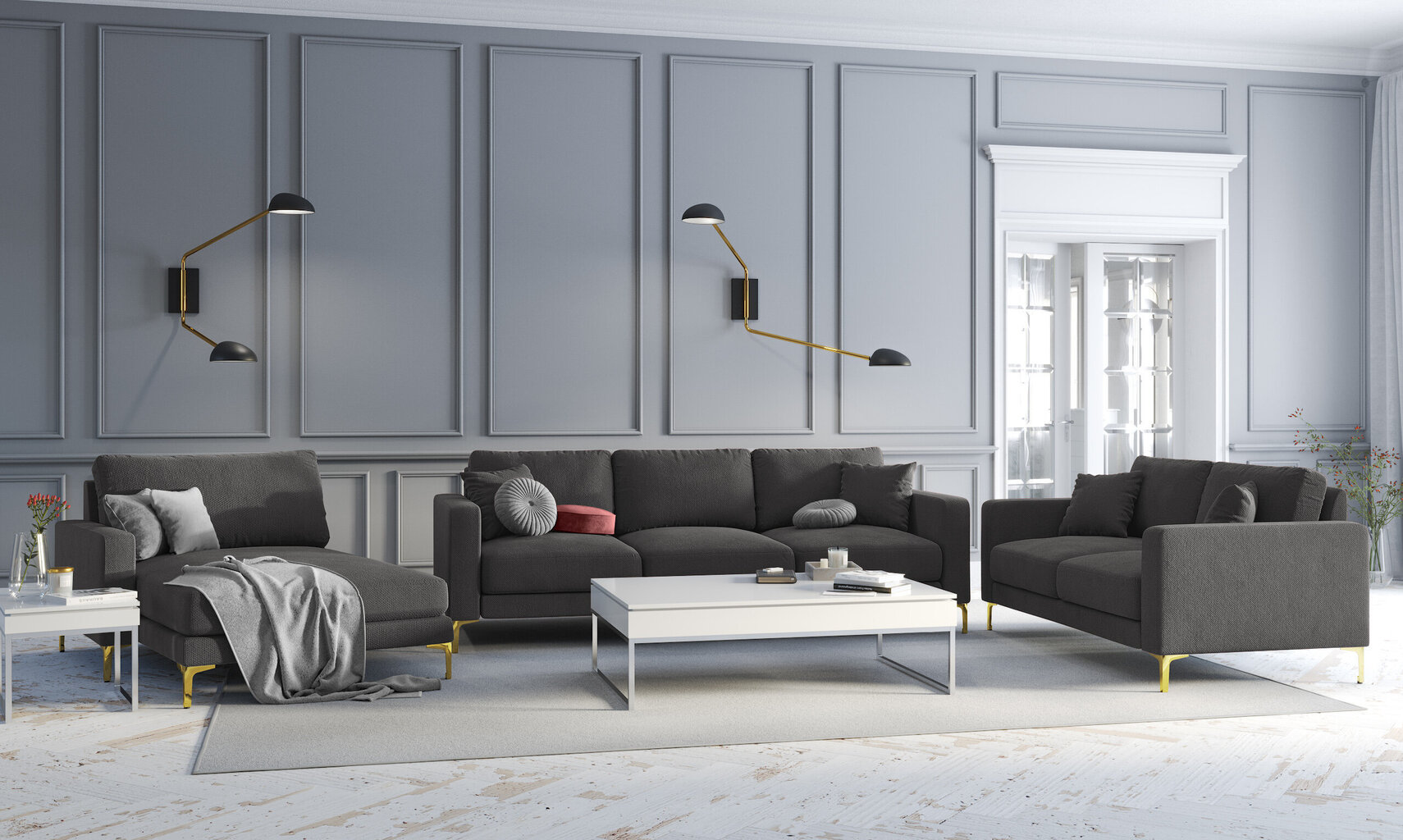 Trivietė sofa Kooko Home Poeme, tamsiai pilka/auksinės spalvos kaina ir informacija | Sofos | pigu.lt