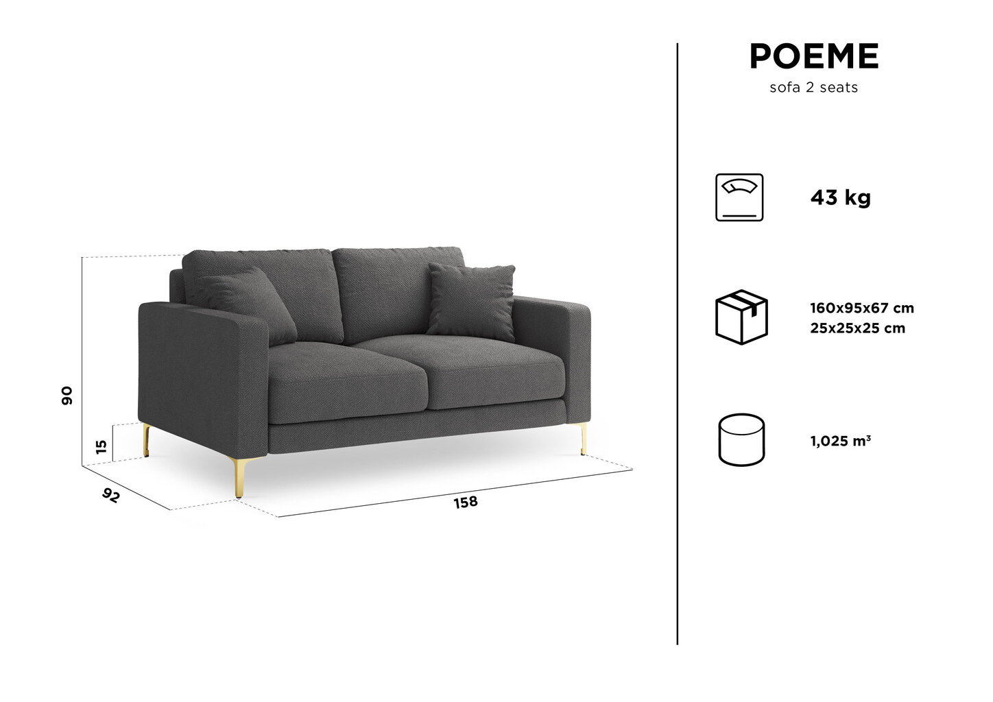 Dvivietė sofa Kooko Home Poeme, šviesios smėlio spalvos/auksinės spalvos kaina ir informacija | Sofos | pigu.lt