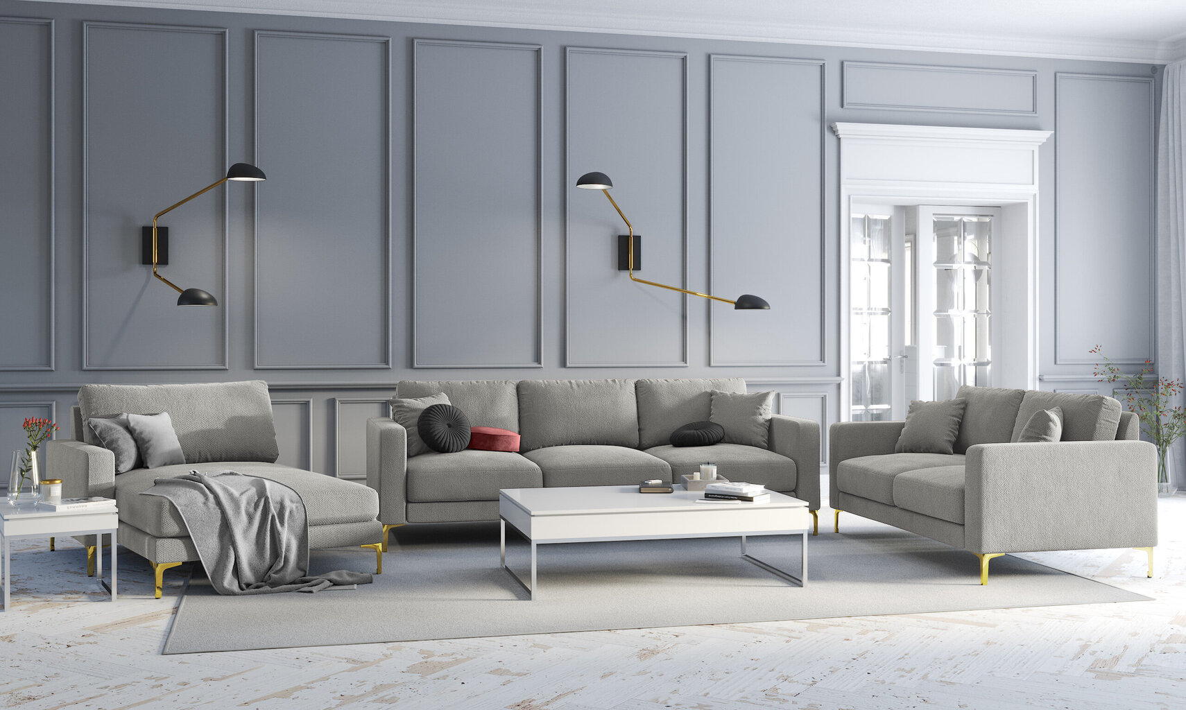 Dvivietė sofa Kooko Home Poeme, šviesiai pilka/auksinės spalvos kaina ir informacija | Sofos | pigu.lt