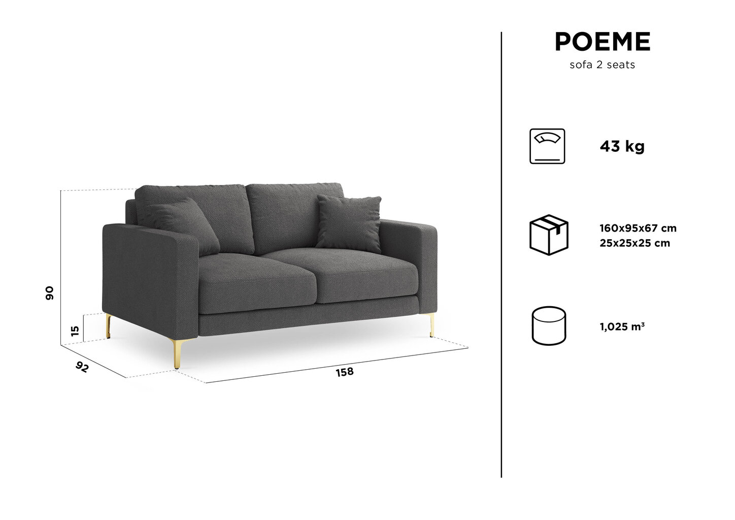 Dvivietė sofa Kooko Home Poeme, šviesiai pilka/auksinės spalvos kaina ir informacija | Sofos | pigu.lt