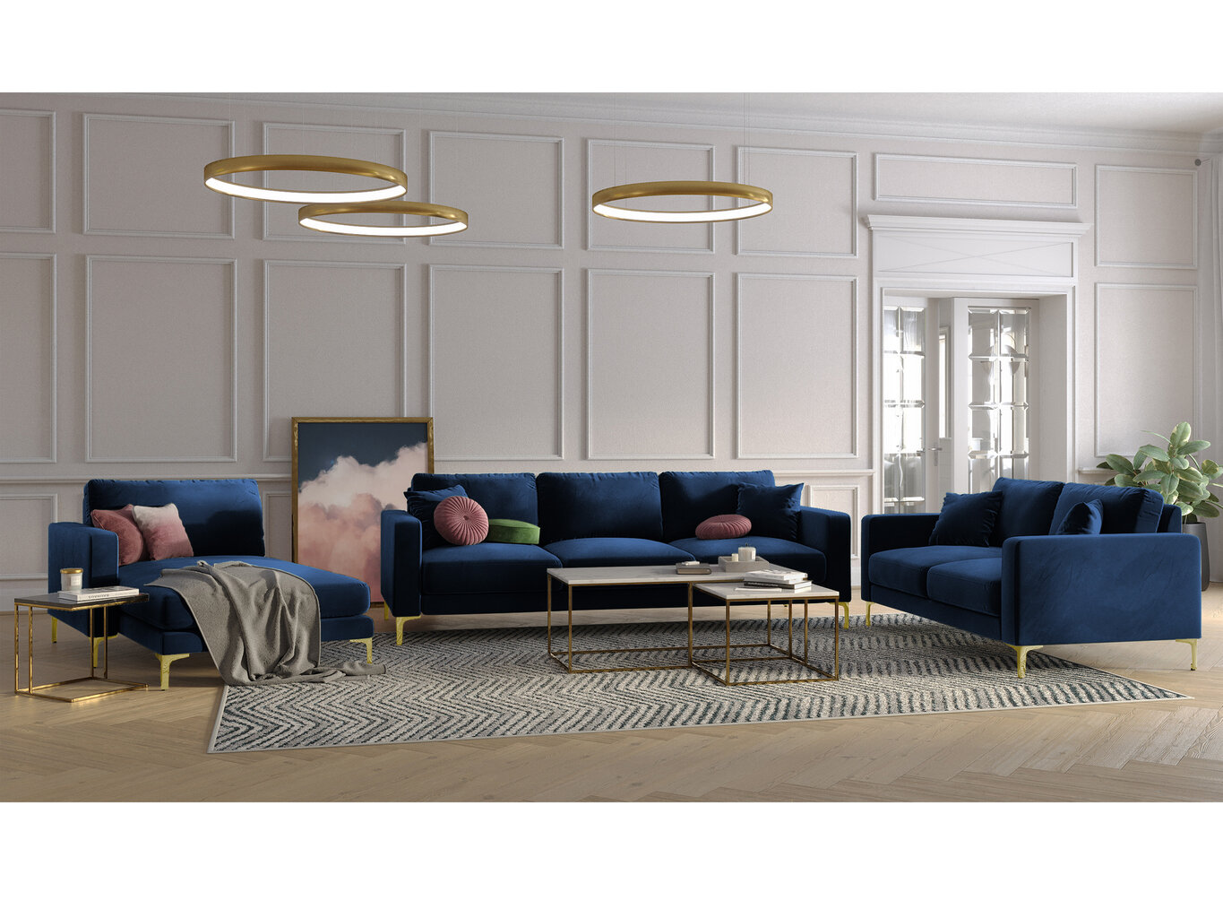 Trivietė aksominė sofa Kooko Home Poeme, mėlyna kaina ir informacija | Sofos | pigu.lt