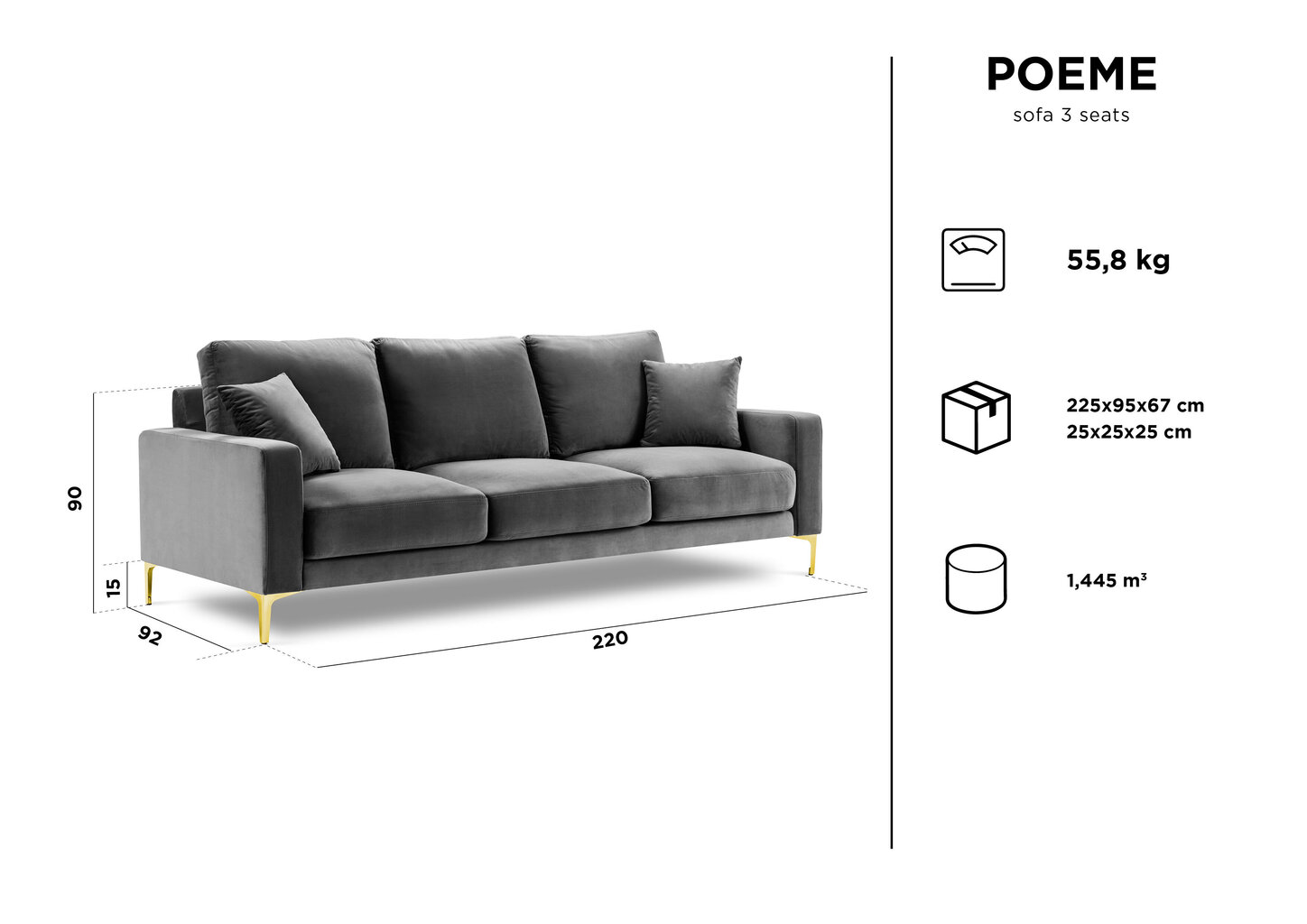 Trivietė aksominė sofa Kooko Home Poeme, mėlyna kaina ir informacija | Sofos | pigu.lt