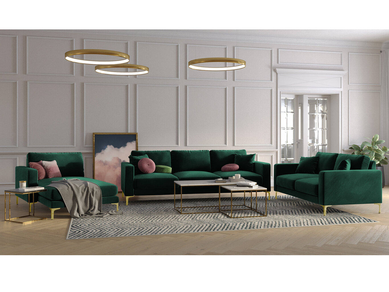 Trivietė aksominė sofa Kooko Home Poeme, tamsiai žalia kaina ir informacija | Sofos | pigu.lt