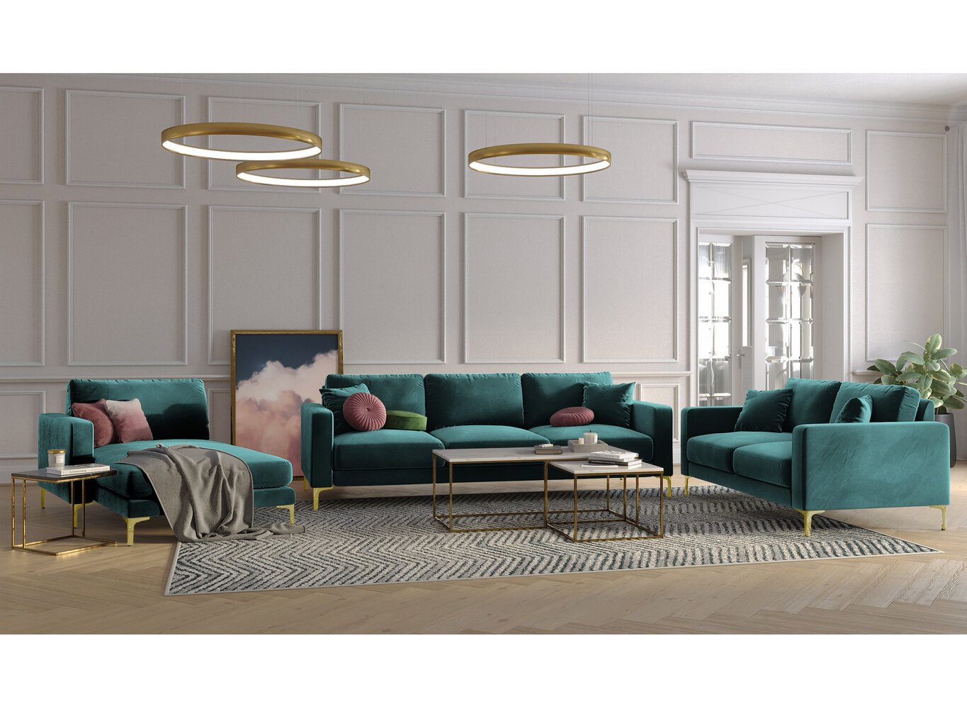 Trivietė aksominė sofa Kooko Home Poeme, žalia kaina ir informacija | Sofos | pigu.lt