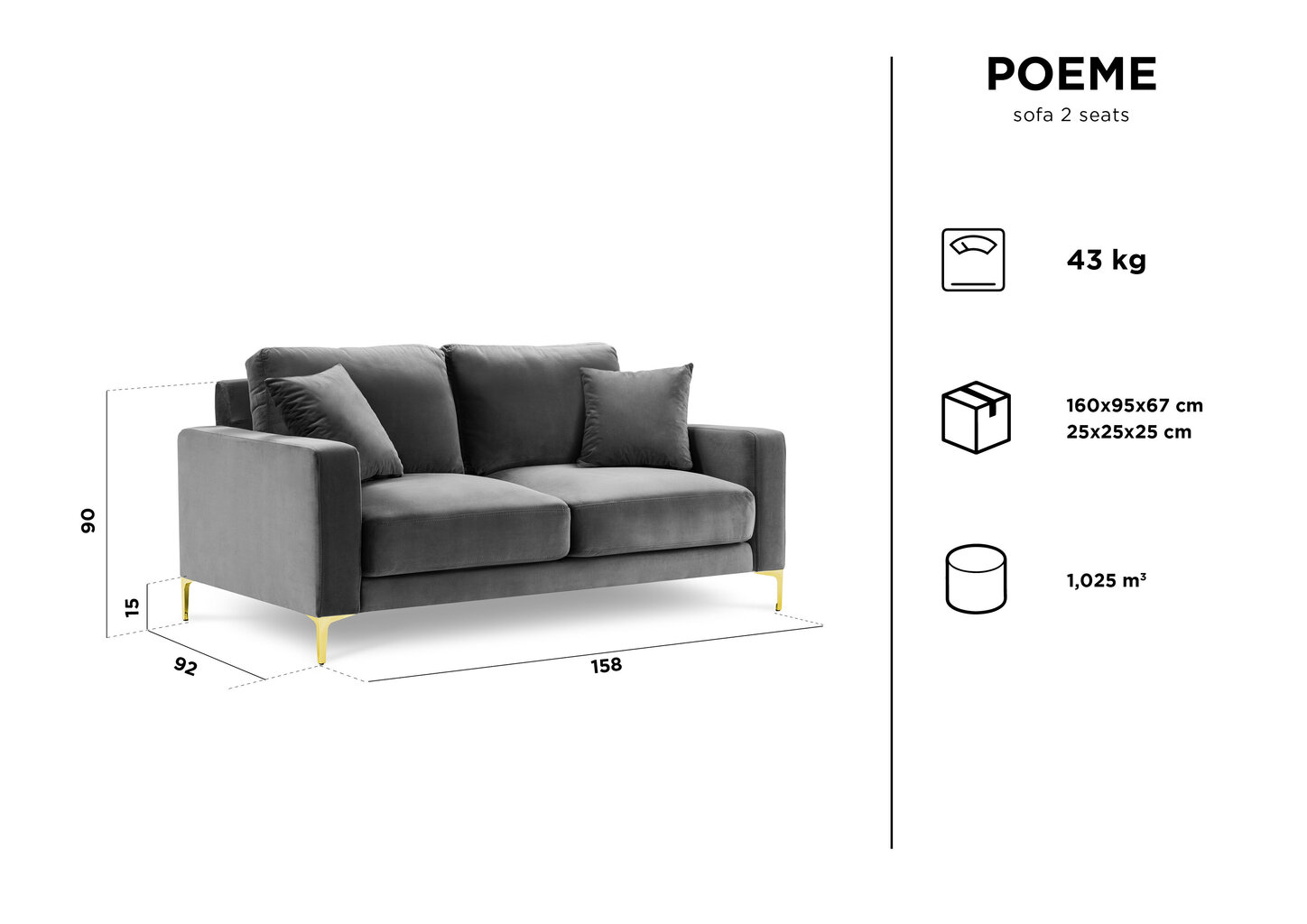 Dvivietė aksominė sofa Kooko Home Poeme, šviesiai mėlyna kaina ir informacija | Sofos | pigu.lt