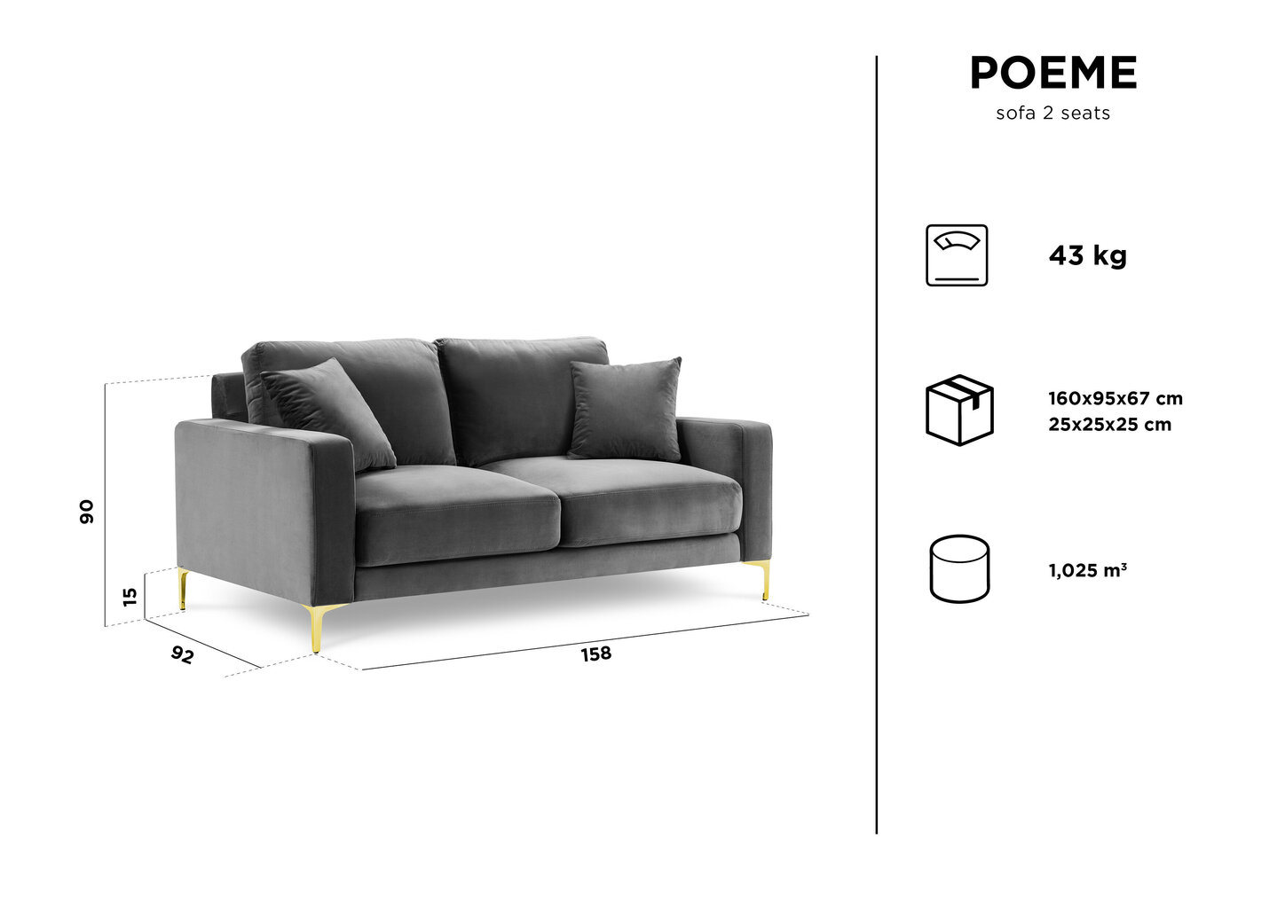 Dvivietė aksominė sofa Kooko Home Poeme, tamsiai pilka kaina ir informacija | Sofos | pigu.lt