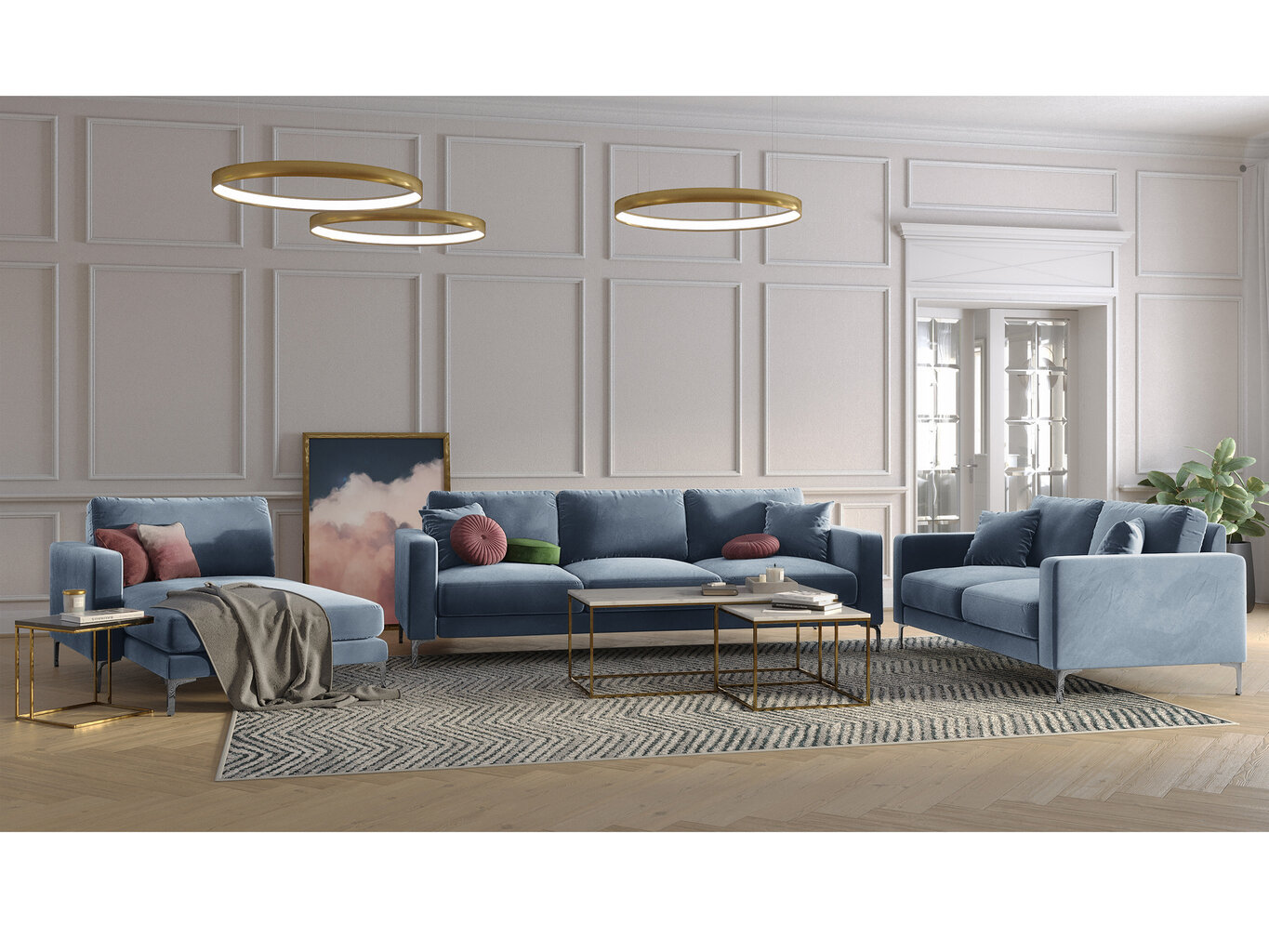 Trivietė aksominė sofa Kooko Home Lyrique, šviesiai mėlyna цена и информация | Sofos | pigu.lt