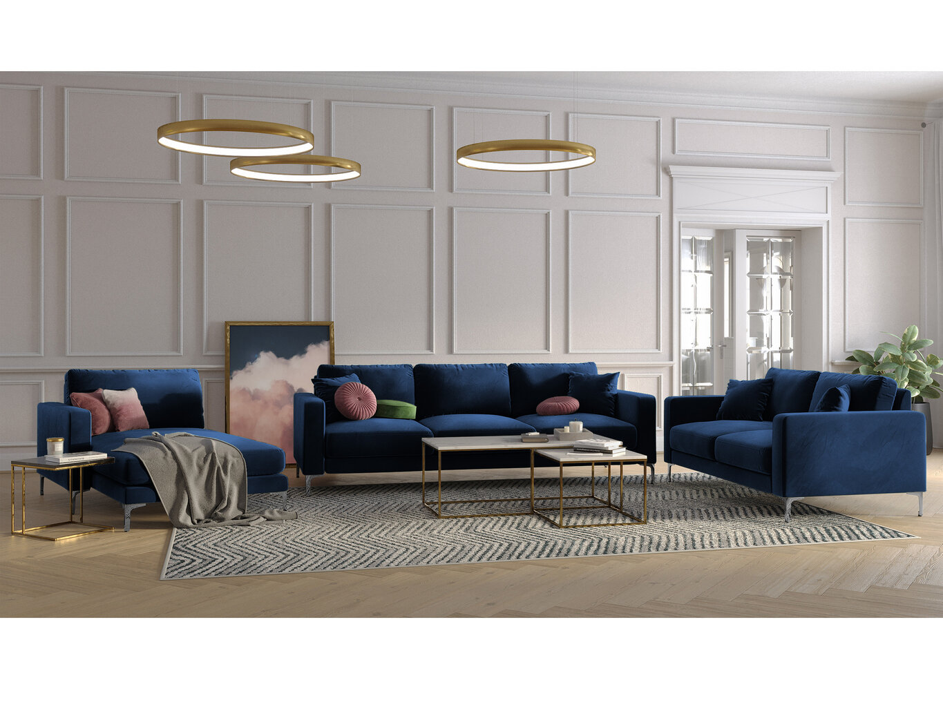 Trivietė aksominė sofa Kooko Home Lyrique, mėlyna kaina ir informacija | Sofos | pigu.lt