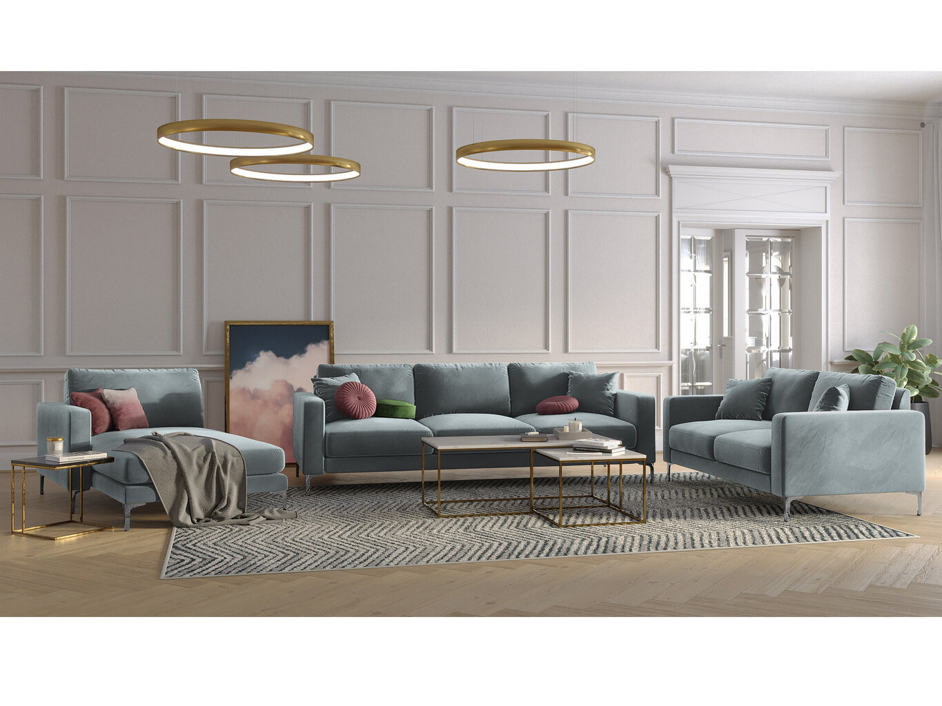 Trivietė aksominė sofa Kooko Home Lyrique, šviesiai pilka цена и информация | Sofos | pigu.lt
